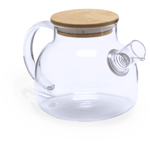 A glass teapot with a bamboo lid and a spiralled spout, featuring a clear design.