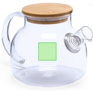 A clear glass teapot with a bamboo lid and a spiral tea infuser in the spout. It features a branding area.