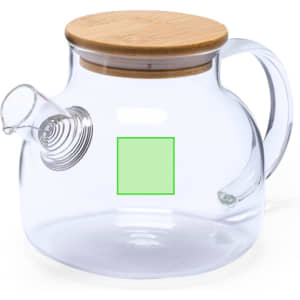 A clear glass teapot with a bamboo lid and a curved spout, featuring a logo on the body.