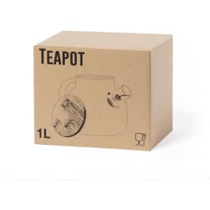 A cardboard box packaging for a 1L teapot, featuring a simple line drawing of the teapot design.
