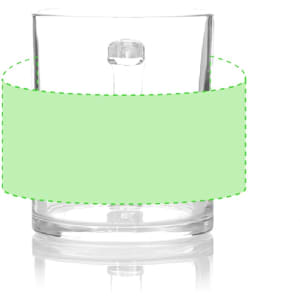 A clear glass beer mug with a cylindrical shape and a sturdy handle, featuring a blank green label.