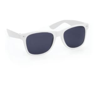 A pair of white sunglasses with dark lenses and a logo on the side. Ideal for leisure and outdoor activities.