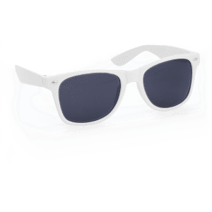 A pair of white sunglasses with dark lenses. The sunglasses feature a logo on the side.
