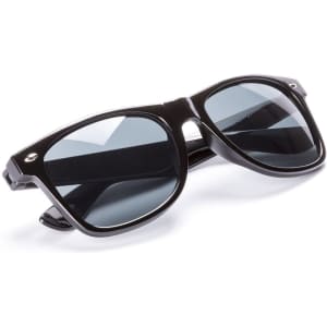 Black sunglasses with dark lenses, featuring a stylish, angular design and a logo.