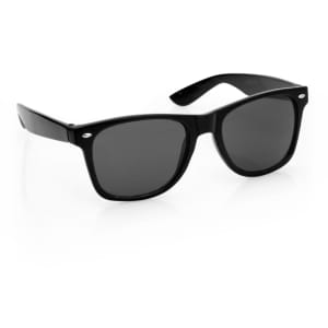 Black sunglasses with dark lenses, featuring a simple design and a logo on the side.