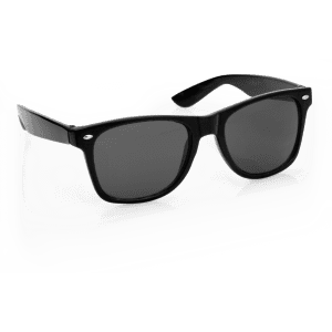 Black sunglasses with dark lenses, featuring a classic design and a logo on the side.