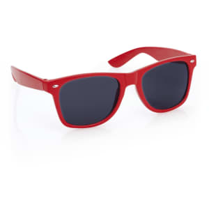 Red sunglasses with dark lenses, featuring a branded logo on the side. Ideal for leisure and outdoor activities.