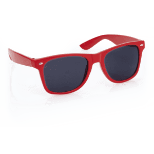 Red sunglasses with dark lenses, featuring a sleek design and a logo on the arm. Ideal for leisure and outdoor activities.
