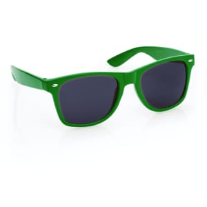 Green sunglasses with dark lenses and a sturdy design, featuring a logo on the frame.