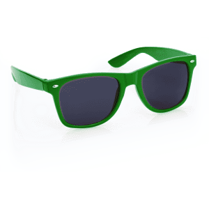 Green sunglasses with dark lenses and a logo on the temple, designed for leisure and outdoor activities.