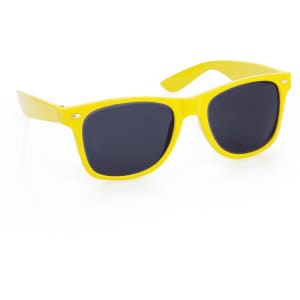Yellow sunglasses with dark lenses, featuring a simple design and a logo on the arm. Perfect for leisure activities.