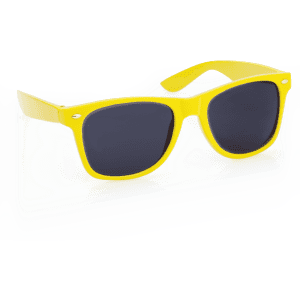 Bright yellow sunglasses with dark lenses, featuring a logo on the side. Ideal for leisure and outdoors activities.