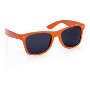 Orange sunglasses with dark lenses and a distinctive style, featuring a logo on the frame.