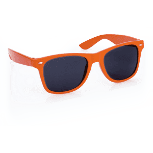 Orange sunglasses with dark lenses, featuring a logo on the temple, suitable for leisure and outdoor activities.