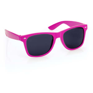 Fuchsia sunglasses with dark lenses and a stylish design, featuring a logo on the frame.
