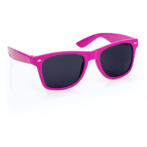 Pink sunglasses with dark lenses and a sleek design, featuring a logo on the side.