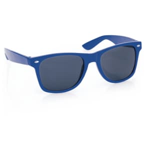 Blue sunglasses with dark lenses and a stylish design, featuring a branded logo on the frame.