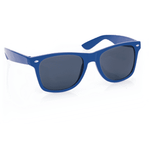 Blue sunglasses with grey lenses, featuring a sleek design and a logo on the side.