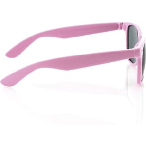 Pink sunglasses with black lenses, featuring a simple design and a logo on the side.
