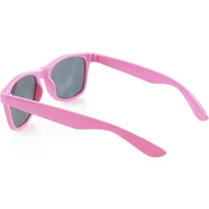 Pink sunglasses with grey lenses and a simple design, featuring branded elements.
