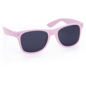 A pair of pink sunglasses with dark lenses and a sleek design, featuring a subtle logo.