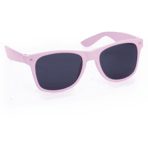 Pink sunglasses with dark lenses, featuring a logo on the side, suitable for leisure and outdoor activities.