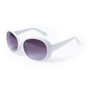 A pair of white sunglasses with dark lenses, featuring a sleek, oversized design and a logo on the arm.