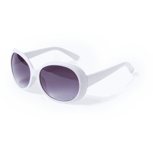 White sunglasses with gradient purple lenses, featuring a stylish, oversized design and a logo on the side.