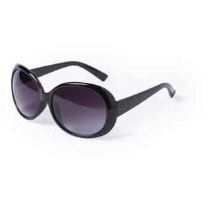 A pair of oversized black sunglasses with dark lenses and a sleek design.