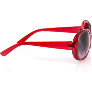 Red sunglasses with a glossy finish and rounded frames, featuring dark lenses and sleek arms.