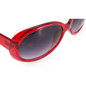 Red sunglasses with dark lenses and a glossy finish, featuring a stylish design and a logo on the frame.