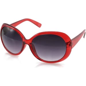 A pair of oversized sunglasses in red with gradient lenses and a stylish design. Features a logo on the side.