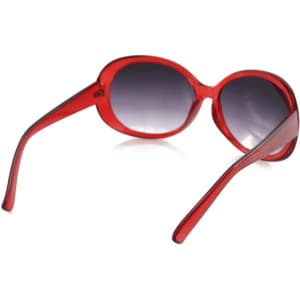 A pair of red sunglasses with gradient lenses and a stylish frame. The glasses have a logo on one arm.