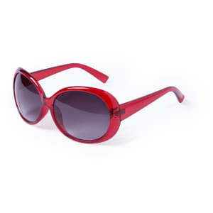 A pair of red sunglasses with dark lenses and a glossy finish, featuring a sleek, oversized design.