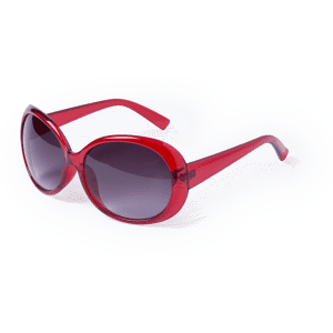 Red sunglasses with a large, rounded frame and dark lenses, featuring a subtle logo on the side.