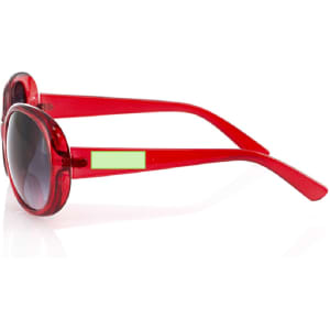 Red sunglasses with a glossy finish and dark lenses, featuring a logo on the arm. Ideal for leisure and outdoor activities.