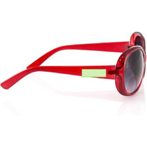 Red sunglasses with a glossy finish, featuring a logo on the arm. The lenses are dark.