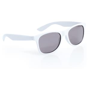 A pair of white sunglasses with grey lenses, featuring a modern design and smooth finish.
