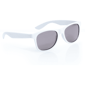 A pair of white sunglasses with grey lenses, featuring a sleek design and a logo on the side.