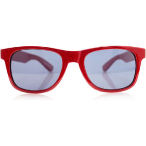 Red children's sunglasses with blue tinted lenses and a glossy finish, featuring a logo on the side.