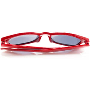 Red sunglasses with a sleek design and dark lenses, featuring a logo on the side.