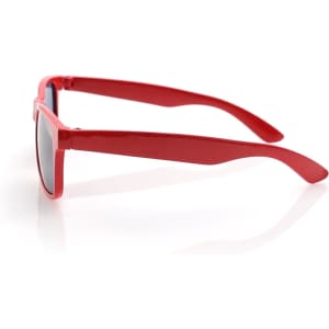 Red sunglasses with a sleek design and a prominent logo on the sides. Perfect for outdoor leisure activities.