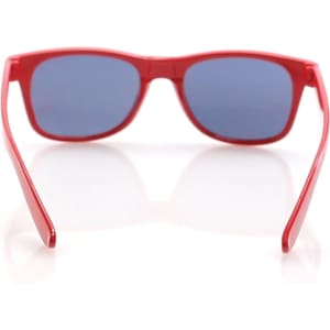 Red sunglasses with blue lenses and a logo on the arm, designed for kids' leisure and outdoor activities.