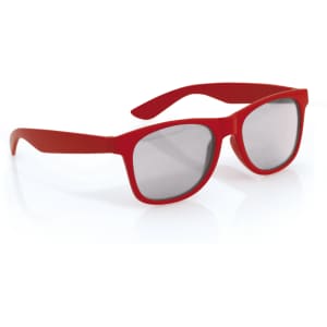 Red sunglasses with grey lenses, featuring a logo on the side, designed for kids' leisure and outdoor activities.