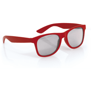 Red sunglasses with grey lenses, featuring a simple design. The product includes branding on the frames.