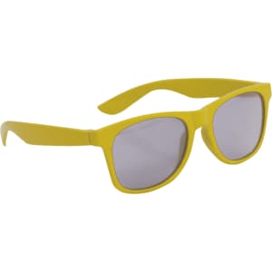 Yellow sunglasses with grey lenses and a logo on the side, designed for kids.