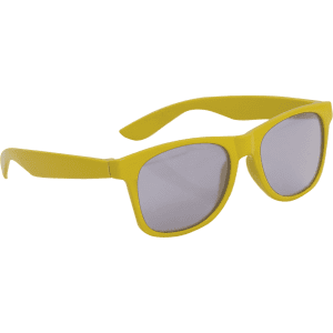 Bright yellow sunglasses with grey lenses and a sleek design, featuring a logo on the frame.