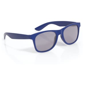 Blue sunglasses with a sleek design and grey lenses, featuring a brand logo on the side.