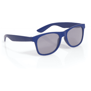 Blue sunglasses with a sleek design, featuring a logo on one of the arms. Ideal for leisure and outdoor activities.