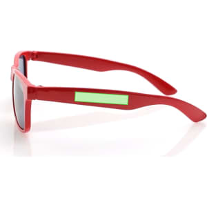 Red sunglasses with grey lenses and a green accent on the temple, designed for kids.